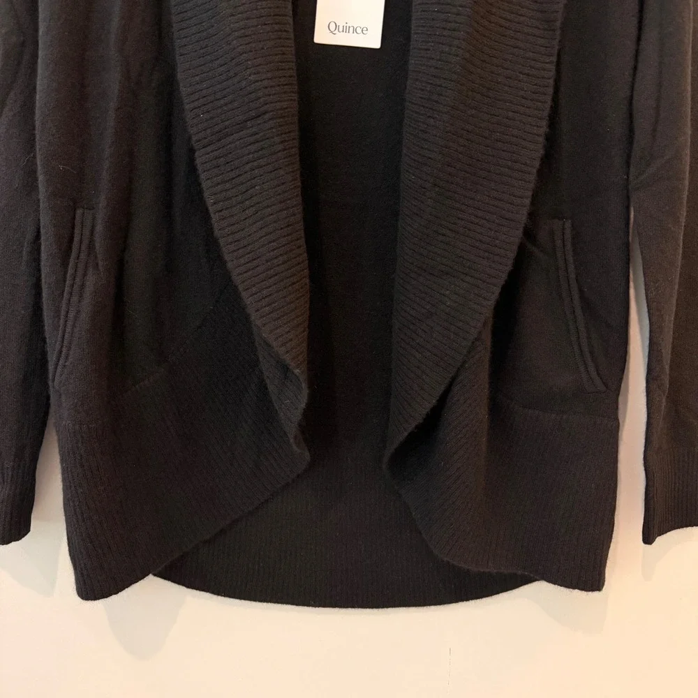 Quince Mongolian Cashmere Open Cardigan Sweater Pockets Shawl Trip Black XS NWT